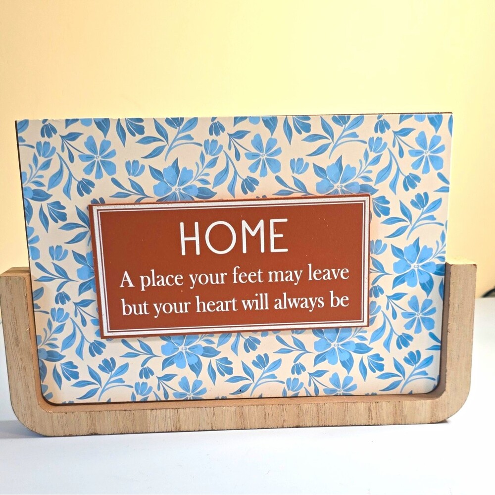B9 Farmhouse Freestanding Wood Home Plaque Sign, Blue Floral Rectangle 8 x 6.5"